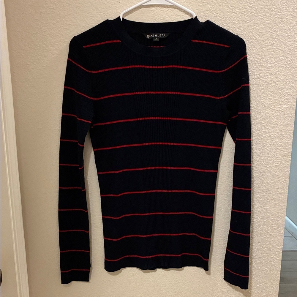 Athleta Navy and Red Striped Crew Neck Sweater like new - Picture 2 of 6